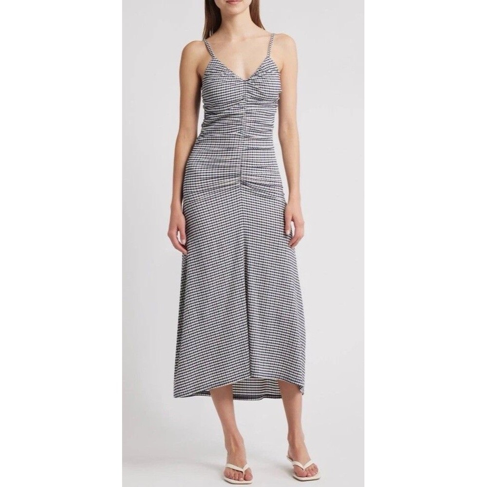 NWT Rails Mari Ruched Sleeveless Midi Dress in Navy Gingham Size Large